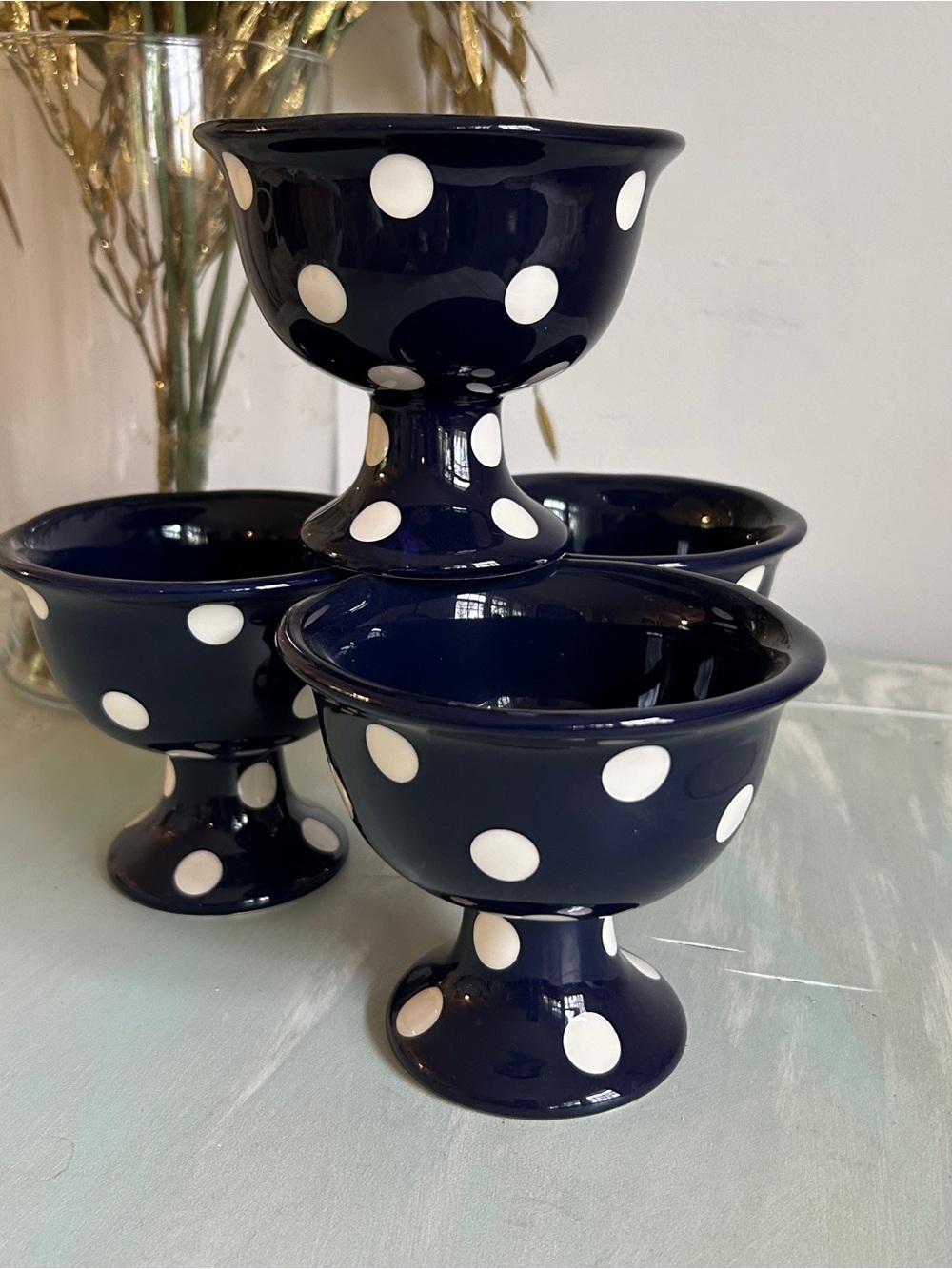 Blue & white Polka Dot Ceramic Ice Cream Desert Footed Pedestal Cups Bowls Set 2